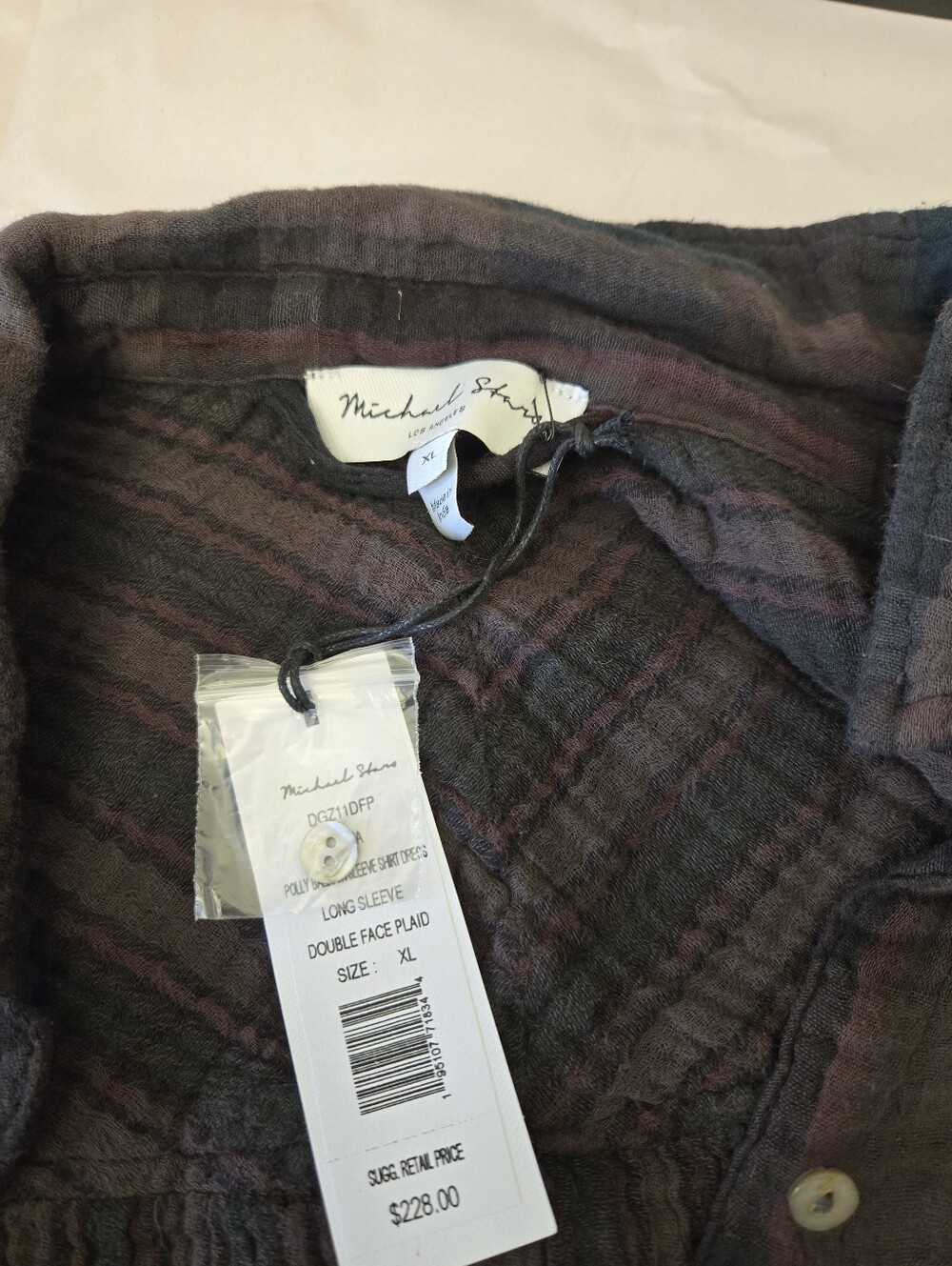 Michael Stars Cotton Polly Ballon Sleeve Shirt Dress Sz XL Plaid Tie At Waist - Picture 10 of 11